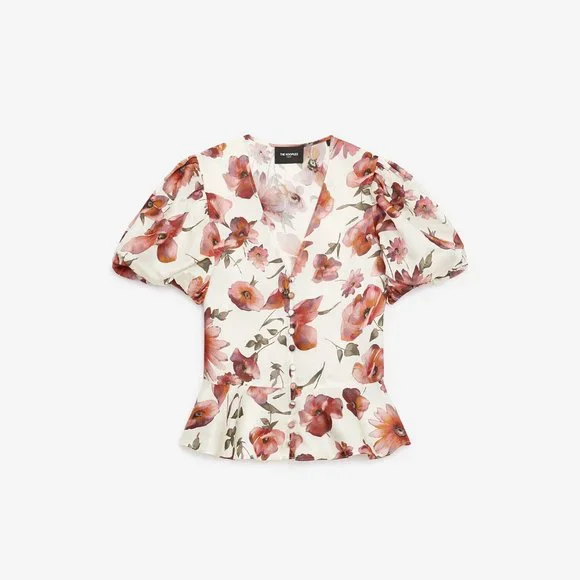 The Kooples Printed Ecru Top 1 Small Floral Motif Peplum Gathered Puff Sleeves - Picture 2 of 7